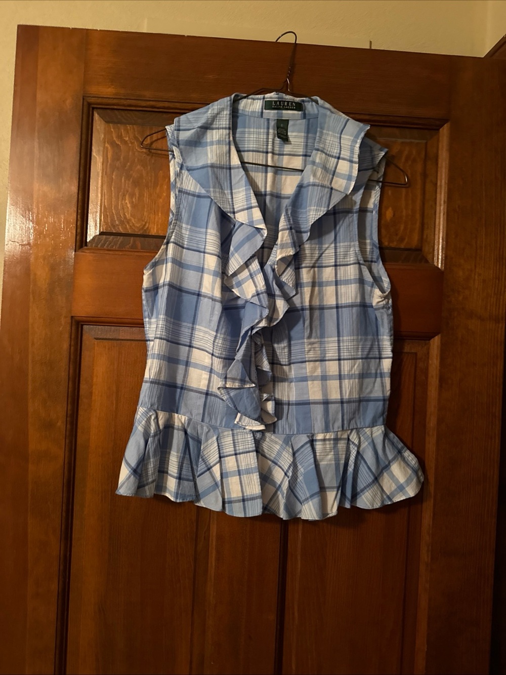 Ralph Lauren Blue and White Plaid Ruffle Peplum Sleeveless Blouse